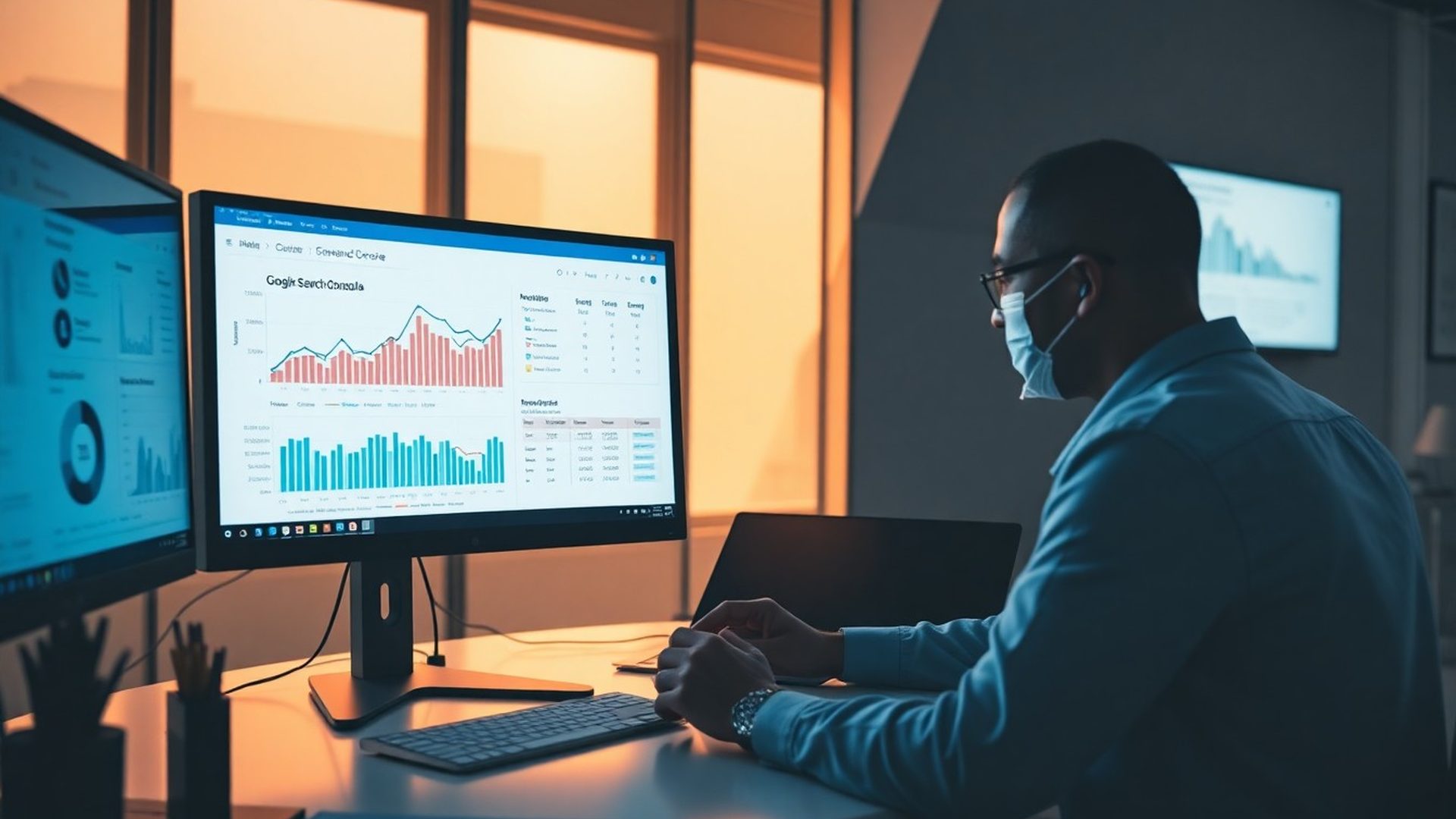 Analyst reviewing Google Search Console rank graphs and keyword position charts on dual monitors