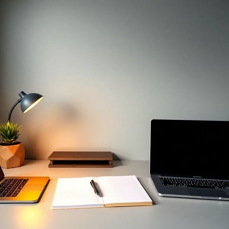 Minimal desk setup with open laptop, notepad and pen