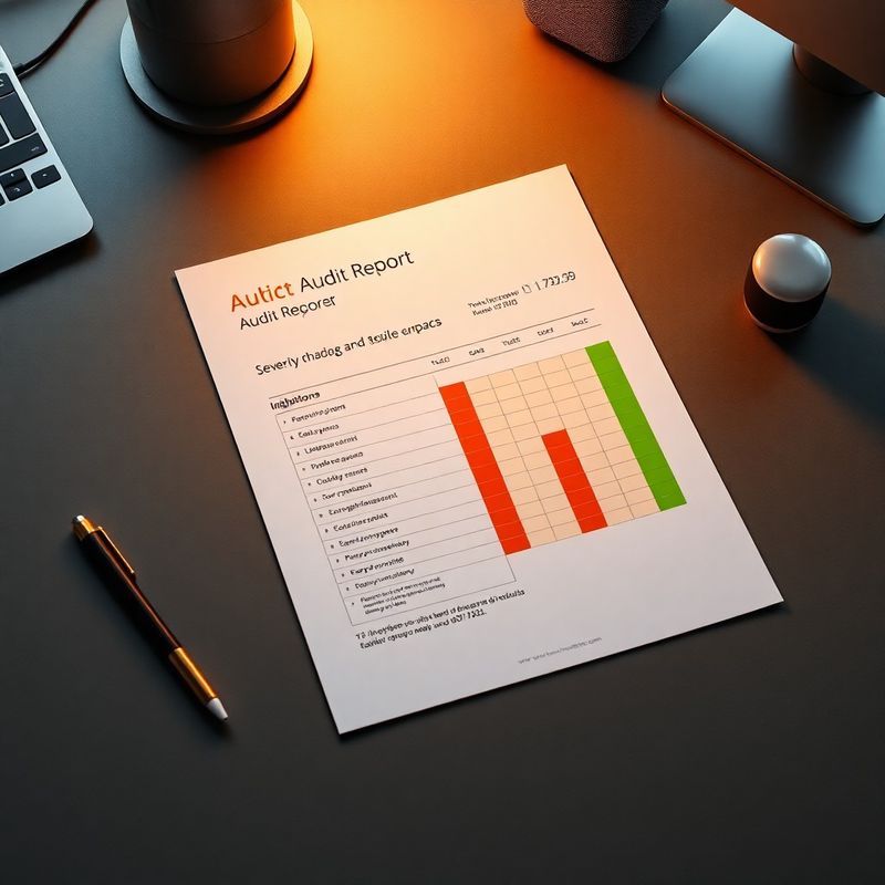 Printed audit report with severity-coded issue tracker on a slate desk