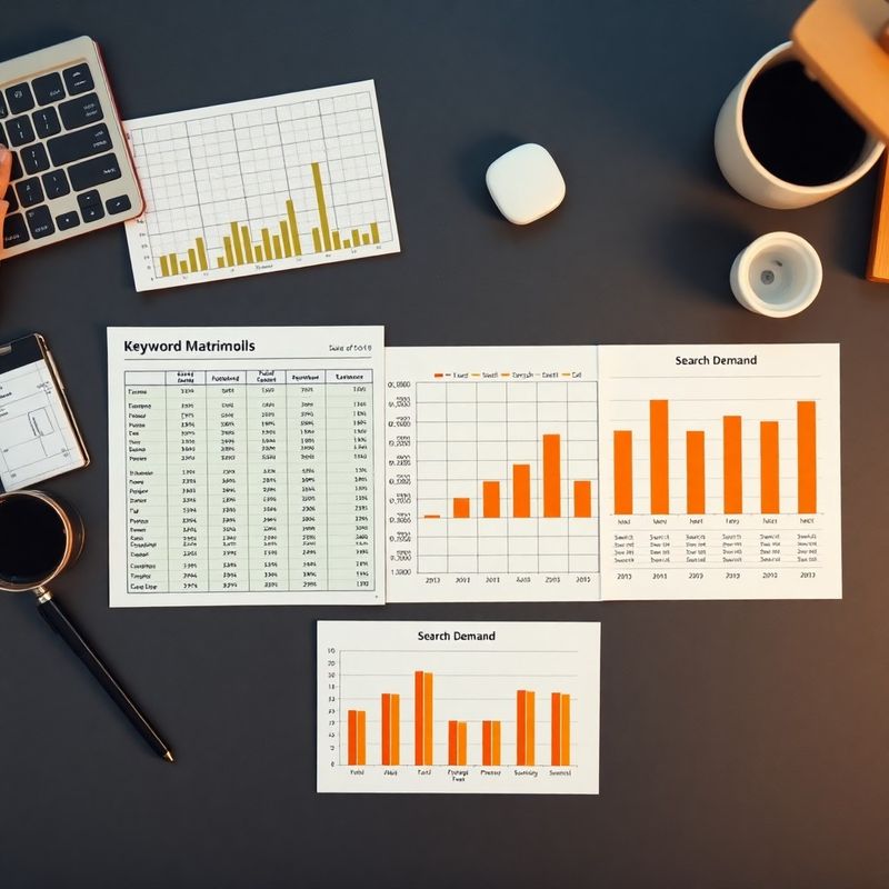 Overhead flat-lay of keyword matrix spreadsheet and search demand charts on a slate desk