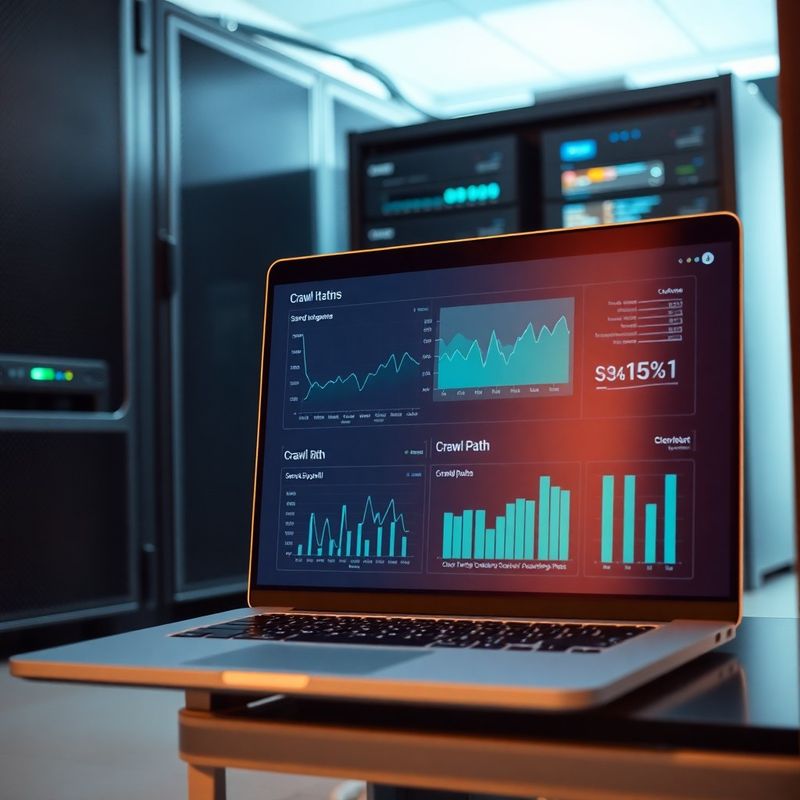 Server infrastructure and laptop showing website crawl diagnostics
